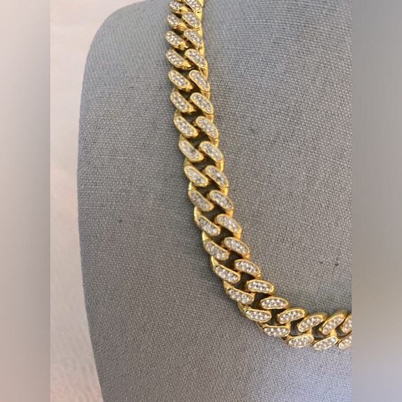 Men’s New Chunky Heavy Simulated Diamond Gold Vermeil Cuban Link Iced Out Chain - Picture 2 of 5